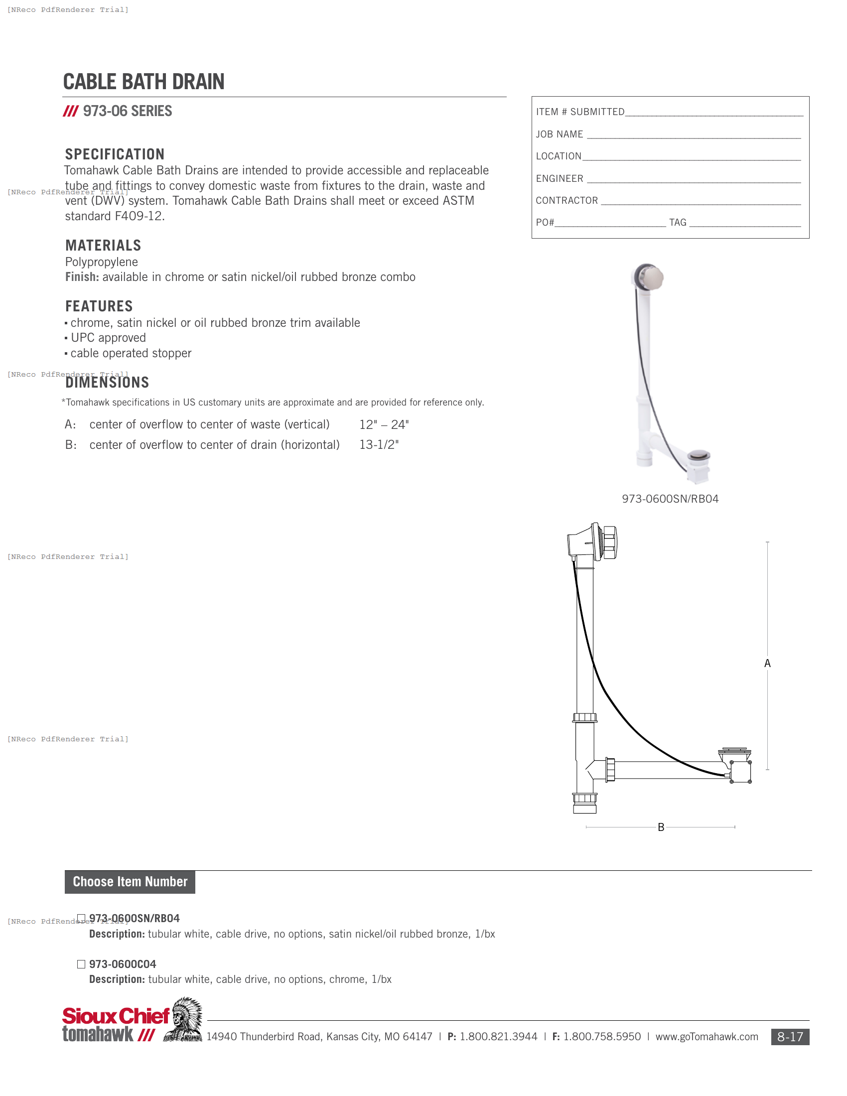 973-06 SERIES - CABLE BATH DRAIN - SPEC SHEET.PDF Specification Document